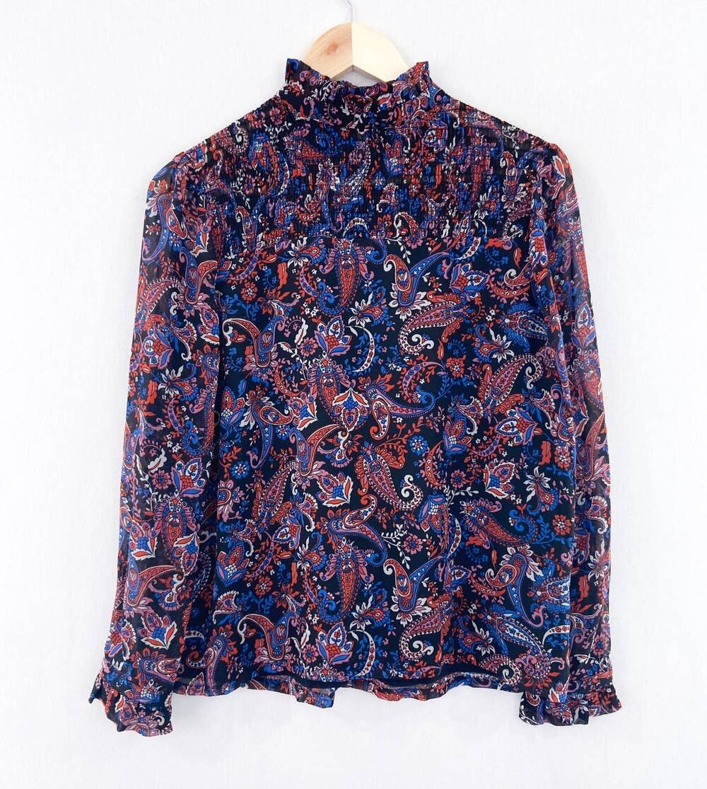 Willow Drive Women's Paisley Print Chiffon Blouse Long Sleeve Ruffle Cuff Small